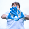 Shock Doctor White/Columbia Blue Stitch Showtime Football Receiver Gloves - Lifestyle Shot of Printed Design On Palm