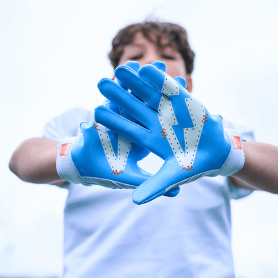 Shock Doctor White/Columbia Blue Stitch Showtime Football Receiver Gloves - Lifestyle Shot of Printed Design On Palm