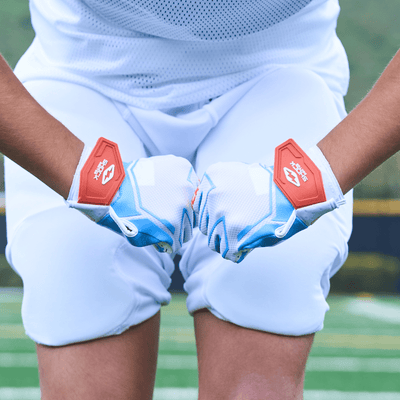 Shock Doctor White/Columbia Blue Stitch Showtime Football Receiver Gloves - Lifestyle Detail View