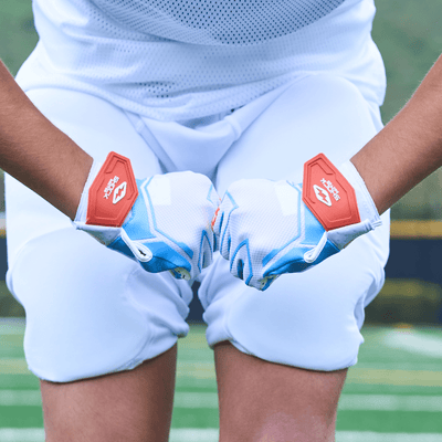 Shock Doctor White/Columbia Blue Stitch Showtime Football Receiver Gloves - Lifestyle Detail View