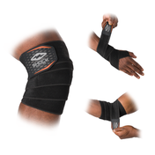HyperWrap Multi-Use Compression Wrap by Shock Doctor shown in black, providing adjustable support for wrist and knee with wrap-around design.