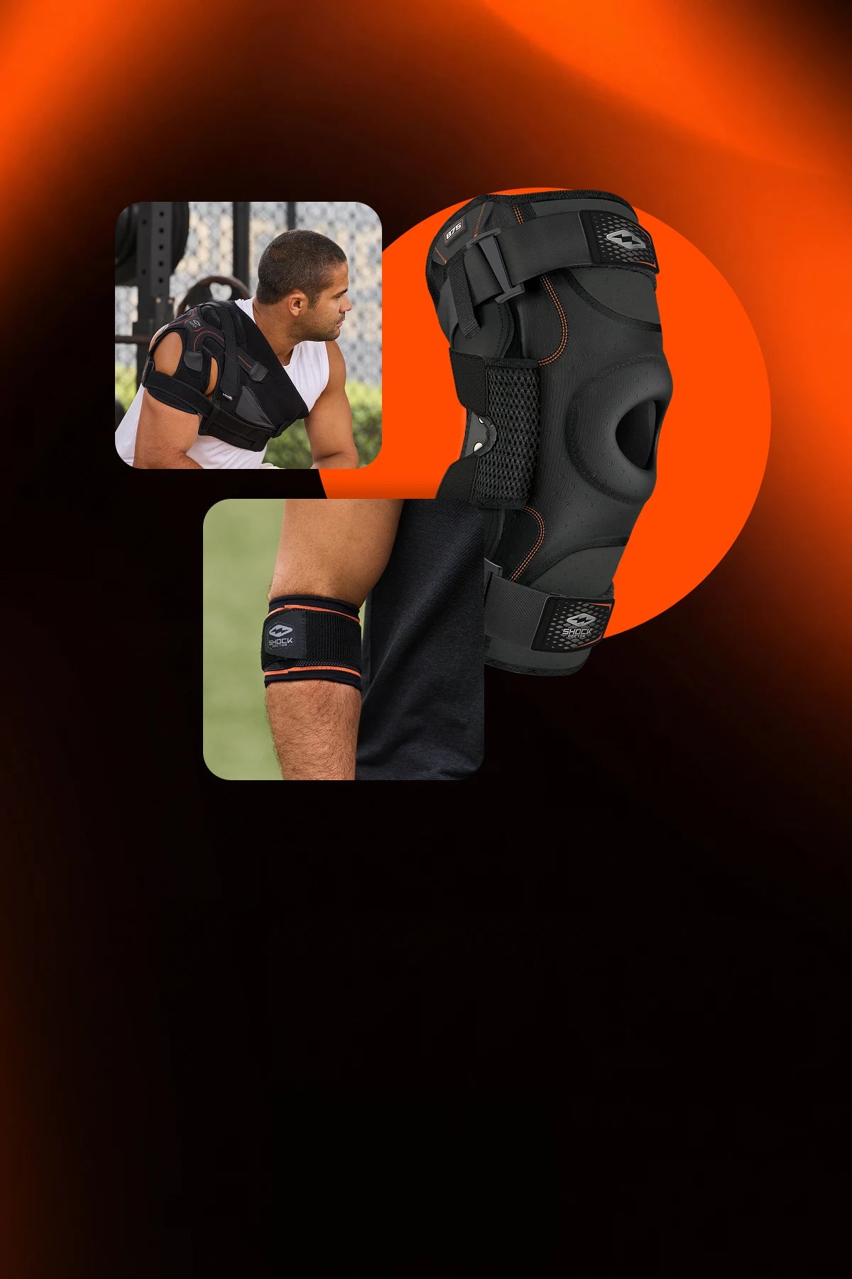 Black knee brace, shoulder brace, and elbow strap with close-up inset on a orange and black gradient background