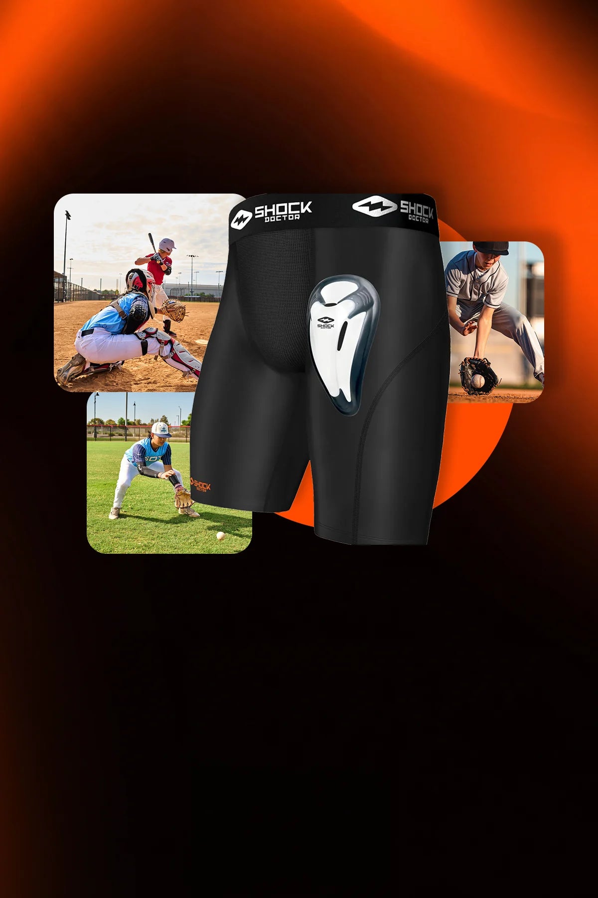 Black Shock Doctor compression shorts with protective cup centered over a dark orange background, surrounded by kids playing baseball