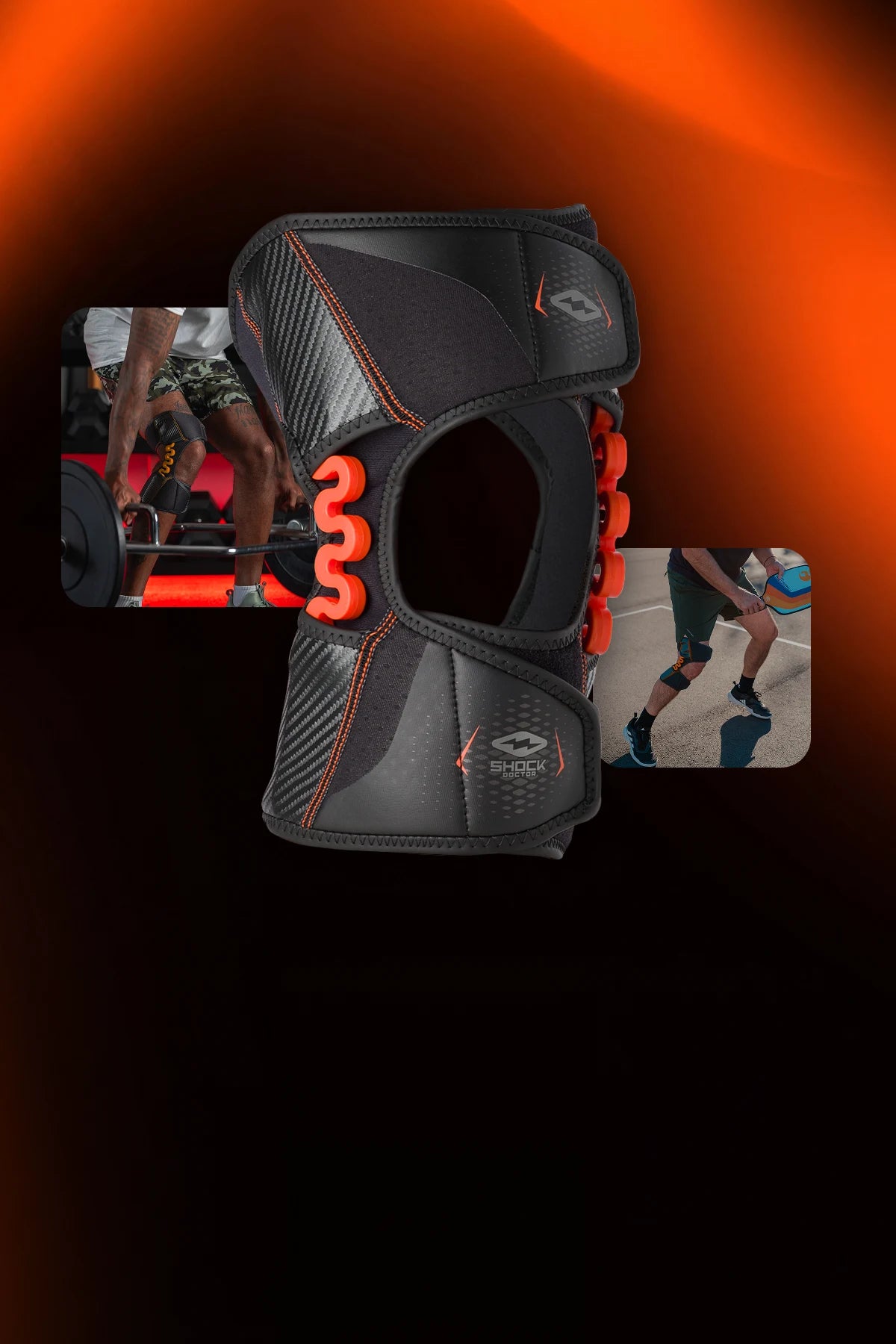 Knee brace with visible shock doctor branding on a dark orange gradient background