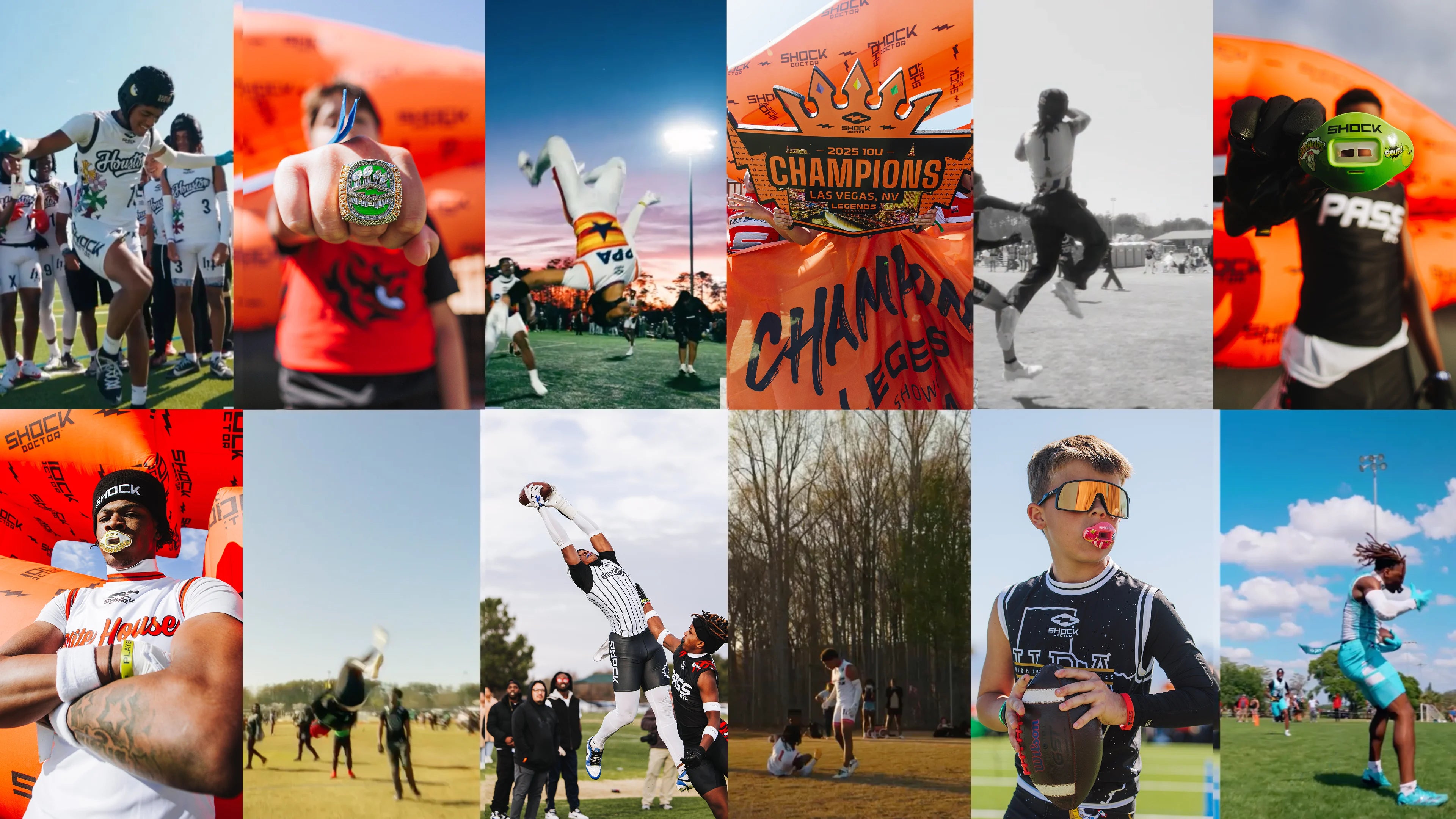 Collage of sports-related images including athletes, sports equipment, and celebratory moments on a field.