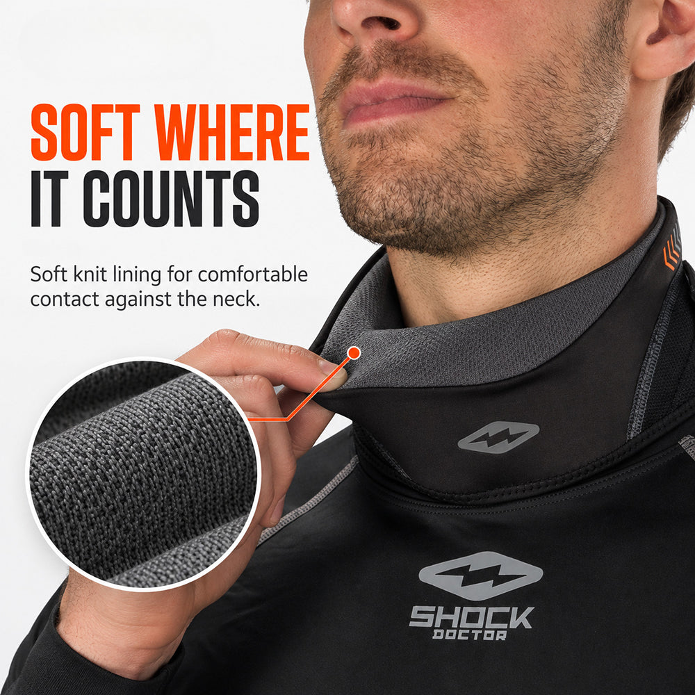 Close-up of the Shock Doctor Ultra Neck Guard 2.0’s soft gray knit lining worn against a hockey player’s neck