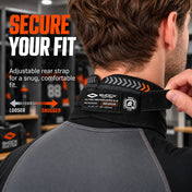 Player adjusting the rear hook-and-loop strap on the Shock Doctor Ultra Neck Guard 2.0 for a snug, comfortable fit