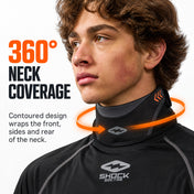 Youth hockey player wearing the Shock Doctor Ultra Neck Guard 2.0, which wraps the front, sides and back of the neck