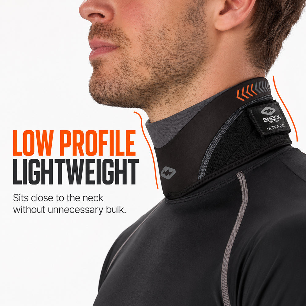Side view of the Shock Doctor Ultra Neck Guard 2.0 sitting close to the neck with a low-profile, lightweight fit