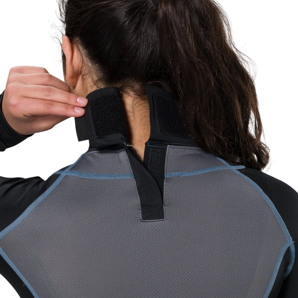 Shock Doctor Girl's/Women's Ultra Compression Hockey Long Sleeve Shirt With Integrated Neck Guard - Black - On Model - Detail View of Back of Neck Guard on Female Hockey Player (Pulling Velcro Strap)