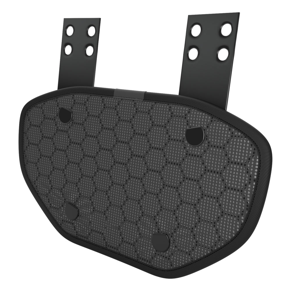 Back view of the Shock Doctor Showtime Divine Drip Back Plate showing the black honeycomb-padded interior cushion and dual metal mounting straps with four-hole shoulder pad attachment points.