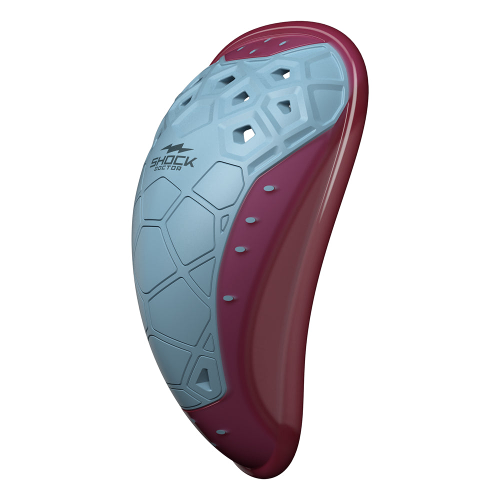 Shock Doctor BioFlex 2.0 Cup in white and maroon, size Small for age 9 and younger, three-quarter view showing protective shell with hexagonal ventilation pattern and contoured ergonomic shape