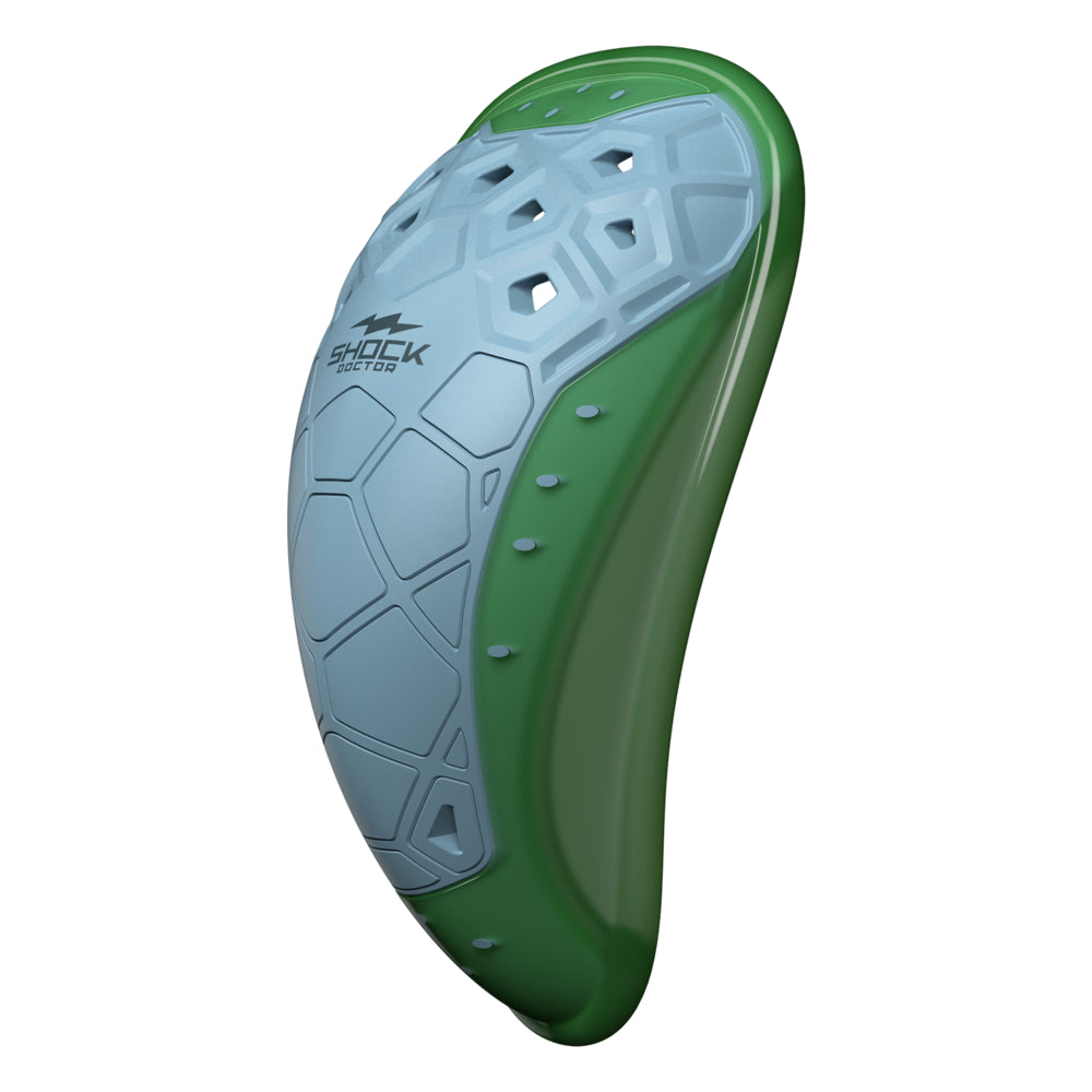 Shock Doctor BioFlex 2.0 Cup in white and green, size Extra Small for age 7 and younger, three-quarter view showing protective shell with hexagonal ventilation pattern and contoured ergonomic shape