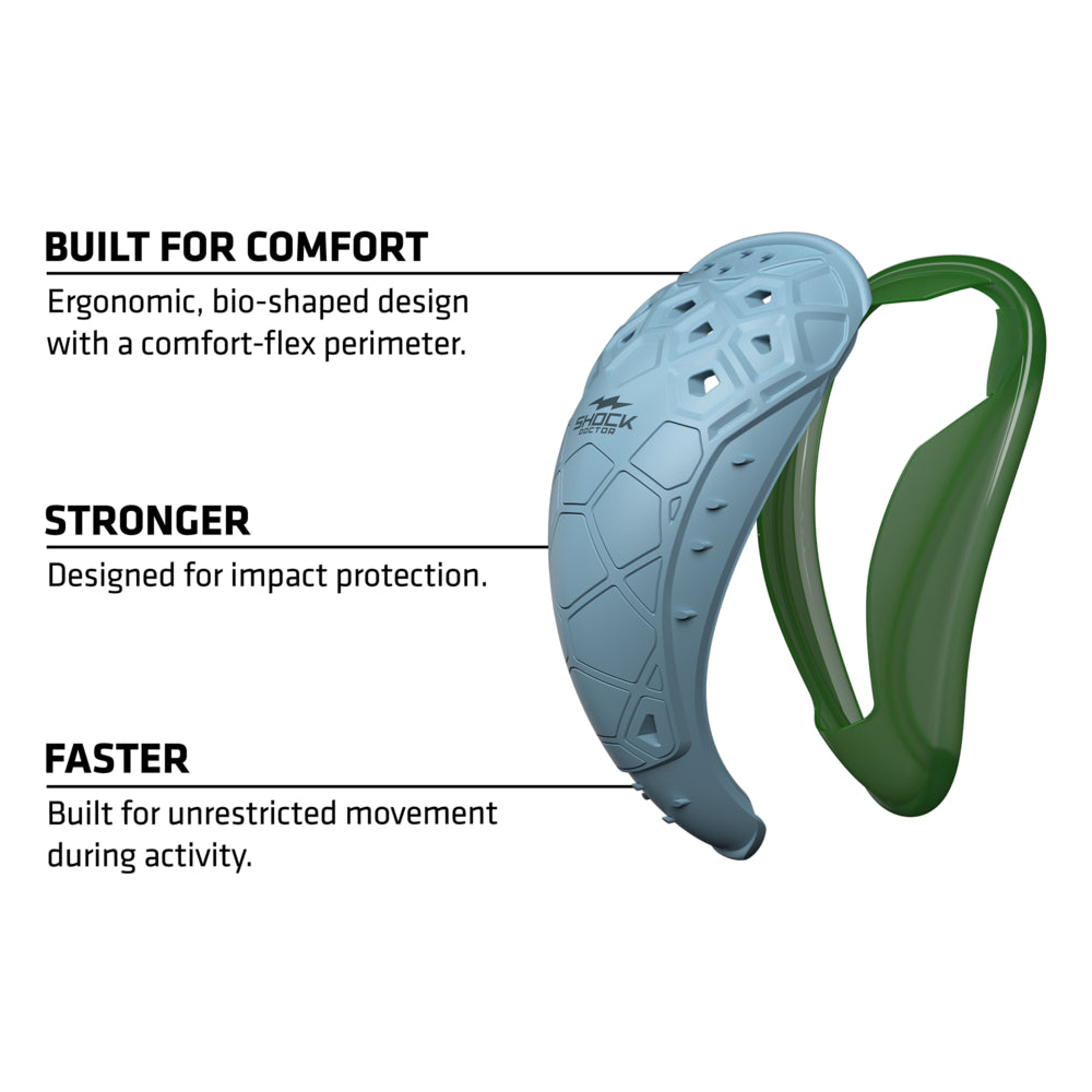 Shock Doctor BioFlex 2.0 Cup in white and green, highlighting ergonomic bio-shaped design with comfort-flex perimeter built for comfort, impact protection, and unrestricted movement