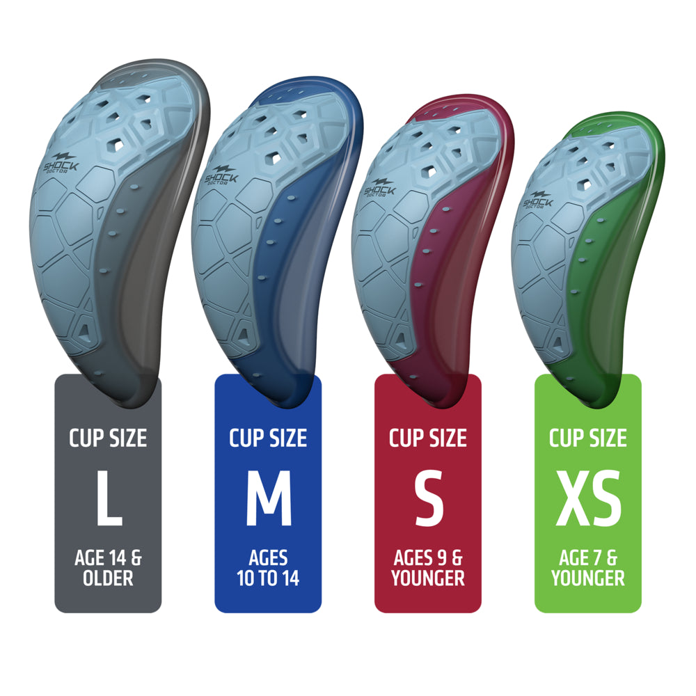 Shock Doctor BioFlex 2.0 Cup size comparison chart showing all four sizes: Large in gray for age 14 and older, Medium in navy for ages 10 to 14, Small in maroon for age 9 and younger, and Extra Small in green for age 7 and younger