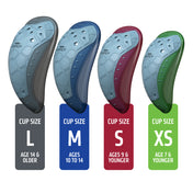 Shock Doctor BioFlex 2.0 Cup size comparison chart showing all four sizes: Large in gray for age 14 and older, Medium in navy for ages 10 to 14, Small in maroon for age 9 and younger, and Extra Small in green for age 7 and younger