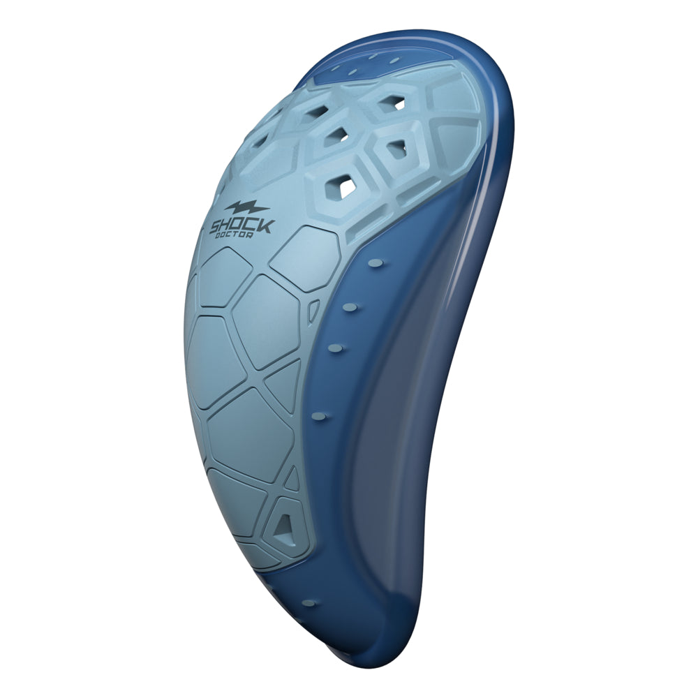 Shock Doctor BioFlex 2.0 Cup in white and navy, size Medium for ages 10 to 14, three-quarter view showing protective shell with hexagonal ventilation pattern and contoured ergonomic shape