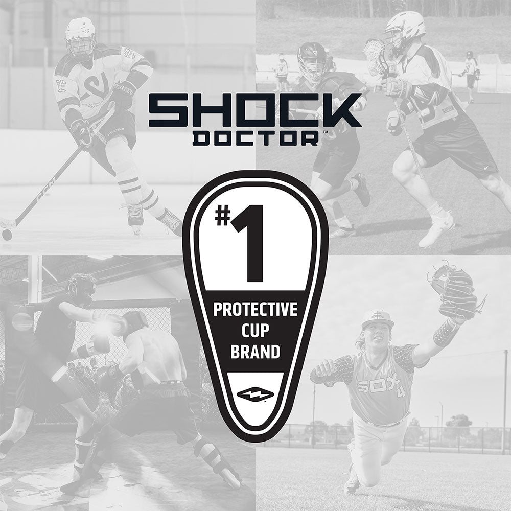 Shock Doctor #1 Protective Cup Brand badge featured over collage of athletes playing Hockey, Lacrosse, MMA, and Baseball