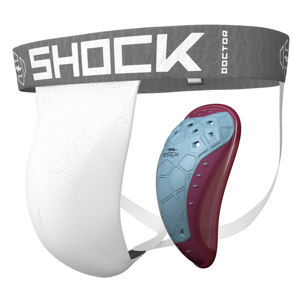 Shock Doctor Core Supporter with BioFlex 2.0 Cup, youth size, in white and maroon BioFlex 2.0 cup shown alongside the supporter