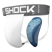 Shock Doctor Core Supporter with BioFlex 2.0 Cup, adult size, in white and navy BioFlex 2.0 cup shown alongside the supporter