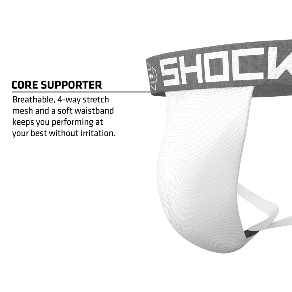 Shock Doctor Core Supporter in white, highlighting breathable four-way stretch mesh and soft waistband designed for irritation-free wear