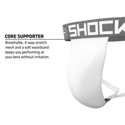 Shock Doctor Core Supporter in white, highlighting breathable four-way stretch mesh and soft waistband designed for irritation-free wear