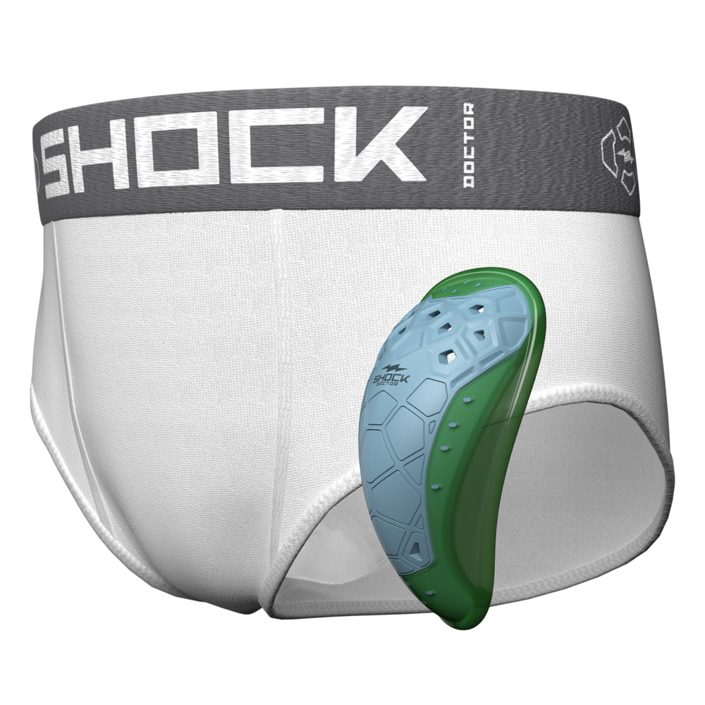 Shock Doctor Core Brief with BioFlex 2.0 Cup in white with gray waistband, shown alongside green and white protective cup