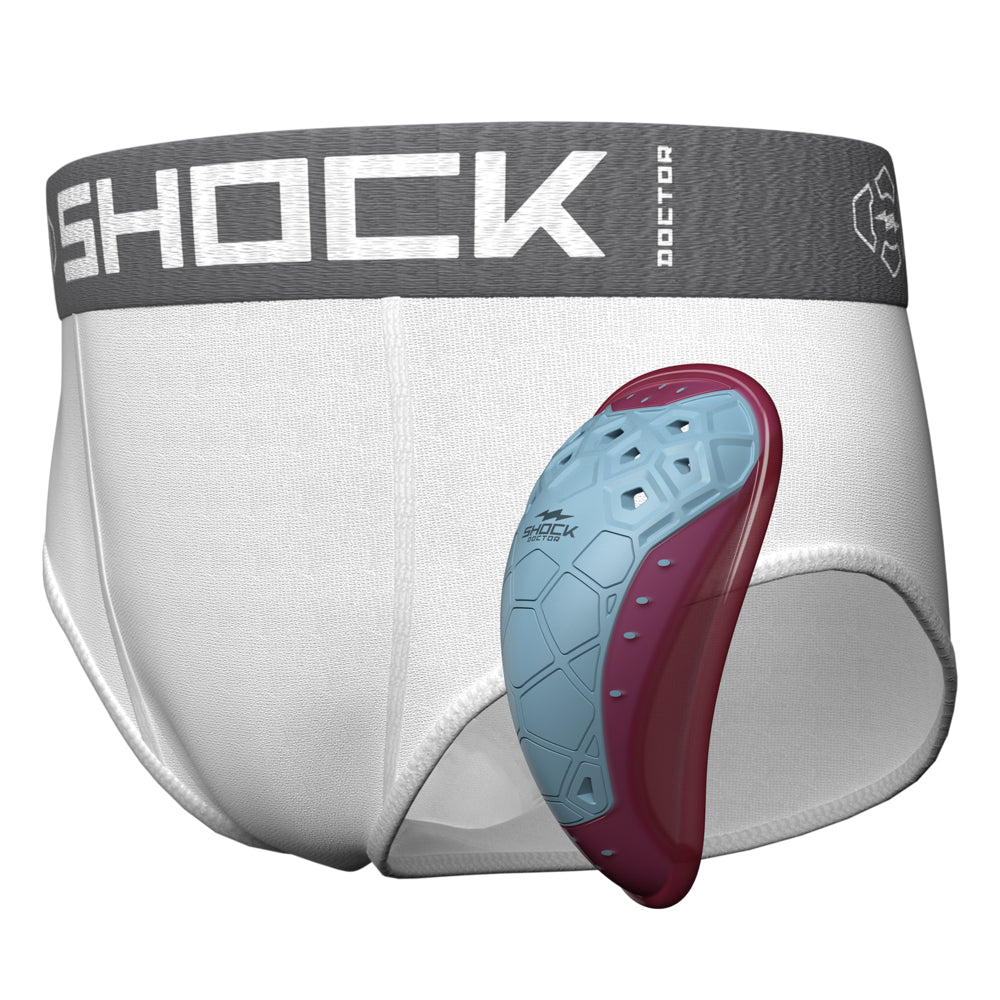Shock Doctor Core Brief with BioFlex 2.0 Cup in white with gray waistband, shown alongside maroon and white blue protective cup