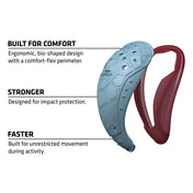 Shock Doctor BioFlex 2.0 Cup feature breakdown highlighting ergonomic bio-shaped design with comfort-flex perimeter, impact protection, and unrestricted movement during activity