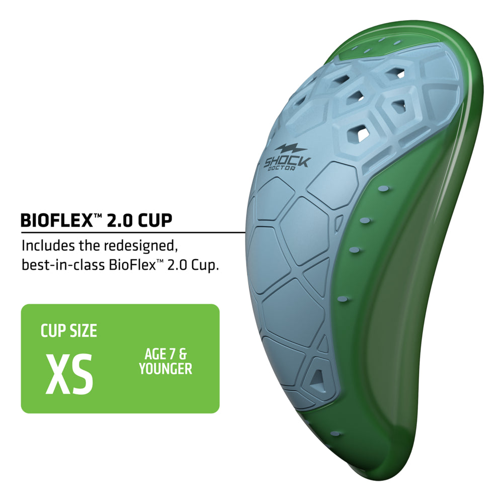 Shock Doctor BioFlex 2.0 Cup in green and white, sized XS for ages 7 and younger
