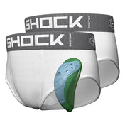 Shock Doctor Core 2-Pack Brief with BioFlex 2.0 Cup, two white youth briefs with gray waistbands shown alongside maroon and white protective cup