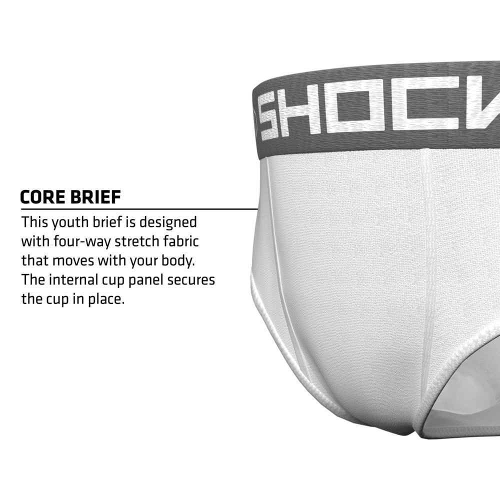 Shock Doctor Core Brief in white with gray waistband, highlighting four-way stretch fabric and internal cup panel that secures the cup in place