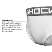 Shock Doctor Core Brief in white with gray waistband, highlighting four-way stretch fabric and internal cup panel that secures the cup in place