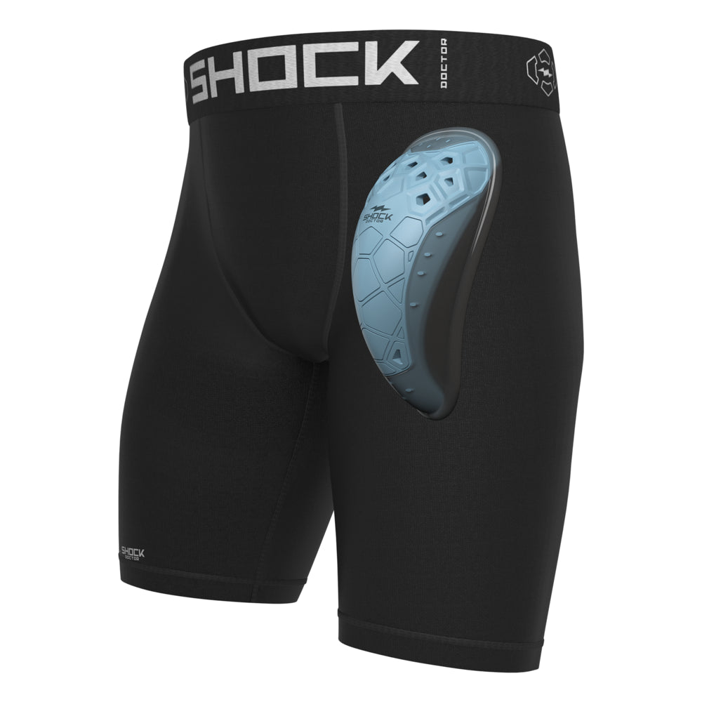 Shock Doctor Core Compression Short with BioFlex 2.0 Cup in black, front three-quarter view showing fitted compression short with BioFlex 2.0 protective cup inserted at the front