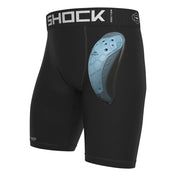 Shock Doctor Core Compression Short with BioFlex 2.0 Cup in black, front three-quarter view showing fitted compression short with BioFlex 2.0 protective cup inserted at the front