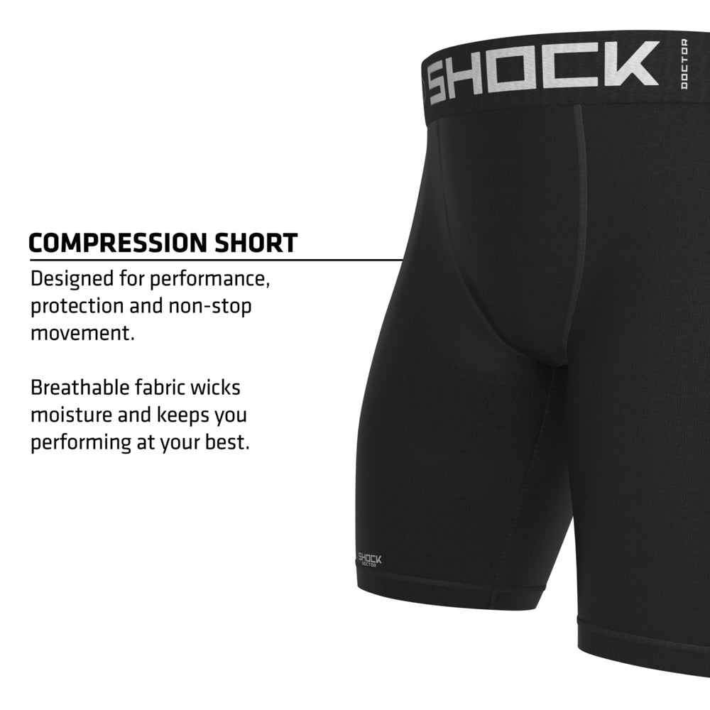 Shock Doctor Core Compression Short in black, highlighting compression fit designed for performance and protection with breathable, moisture-wicking fabric