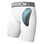 Shock Doctor Core Compression Short with BioFlex 2.0 Cup in white, front three-quarter view showing fitted compression short with BioFlex 2.0 protective cup inserted at the front