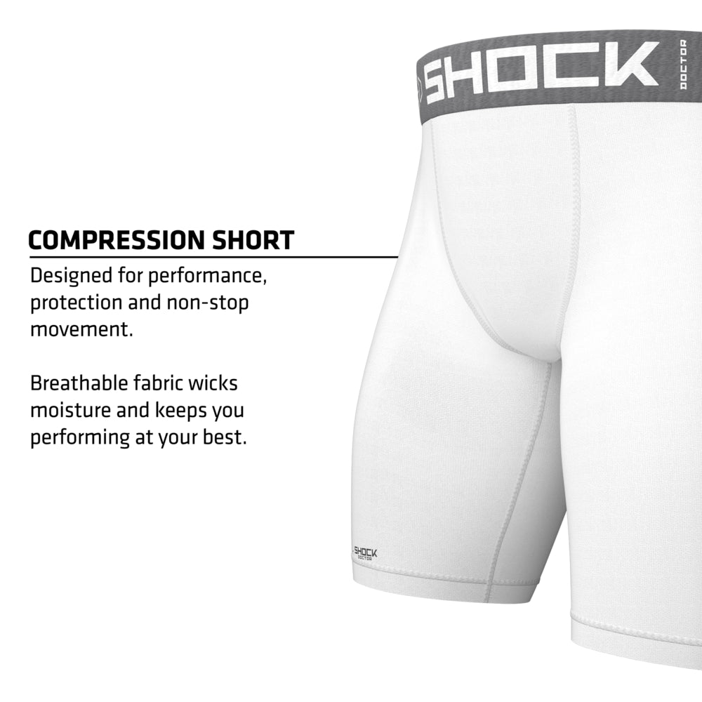 Shock Doctor Core Compression Short in white, highlighting compression fit designed for performance and protection with breathable, moisture-wicking fabric