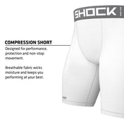 Shock Doctor Core Compression Short in white, highlighting compression fit designed for performance and protection with breathable, moisture-wicking fabric