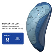 Blue BioFlex 2.0 Cup in size medium for ages 10 to 14, featuring redesigned hexagonal ventilation pattern and contoured protective shell