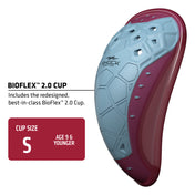 Red BioFlex 2.0 Cup in size small for ages 9 and younger, featuring redesigned hexagonal ventilation pattern and contoured protective shell