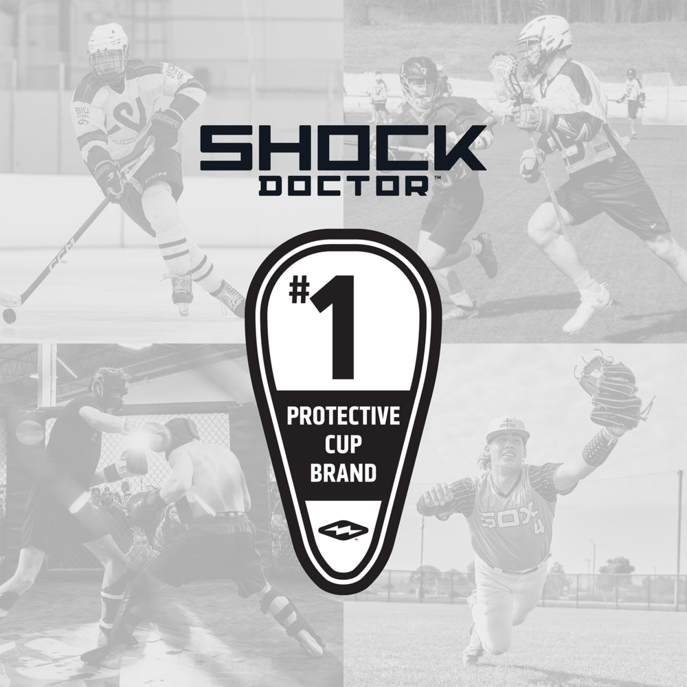 Shock Doctor #1 Protective Cup Brand badge featured over collage of athletes playing Hockey, Lacrosse, MMA, and Baseball