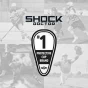 Shock Doctor #1 Protective Cup Brand badge featured over collage of athletes playing Hockey, Lacrosse, MMA, and Baseball