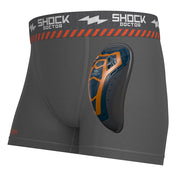 Shock Doctor Youth Ultra Pro Boxer Brief with Ultra 2.0 Cup in gray, front view showing the protective cup positioned inside the boxer brief.