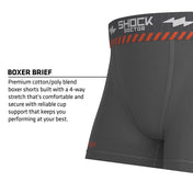 Close-up of the gray Shock Doctor boxer brief waistband and front panel, highlighting the premium cotton/poly blend with 4-way stretch fabric and reliable cup support pocket.