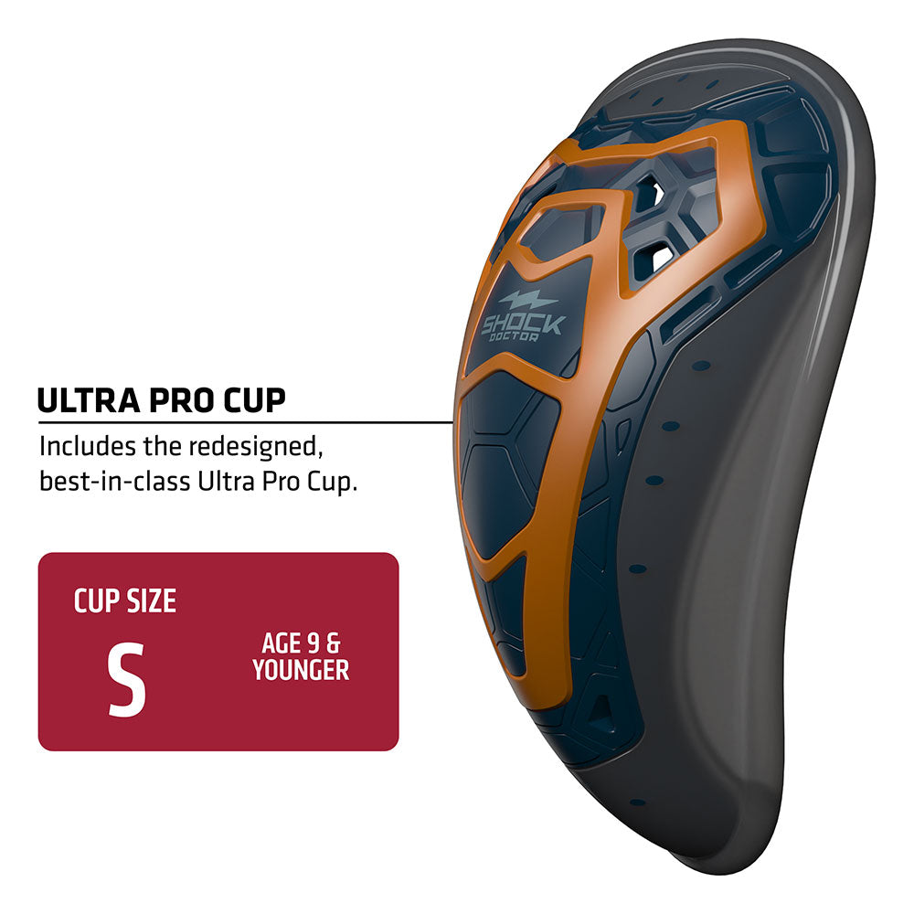 Close-up of the redesigned Shock Doctor Ultra Pro Cup in navy and orange, labeled as a size Small for ages 9 and younger.