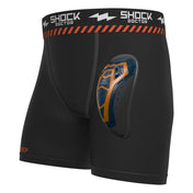 Shock Doctor Ultra Pro Boxer Compression Short with Ultra 2.0 Cup, black with orange stitching, showing front cup pocket and athletic cup detail