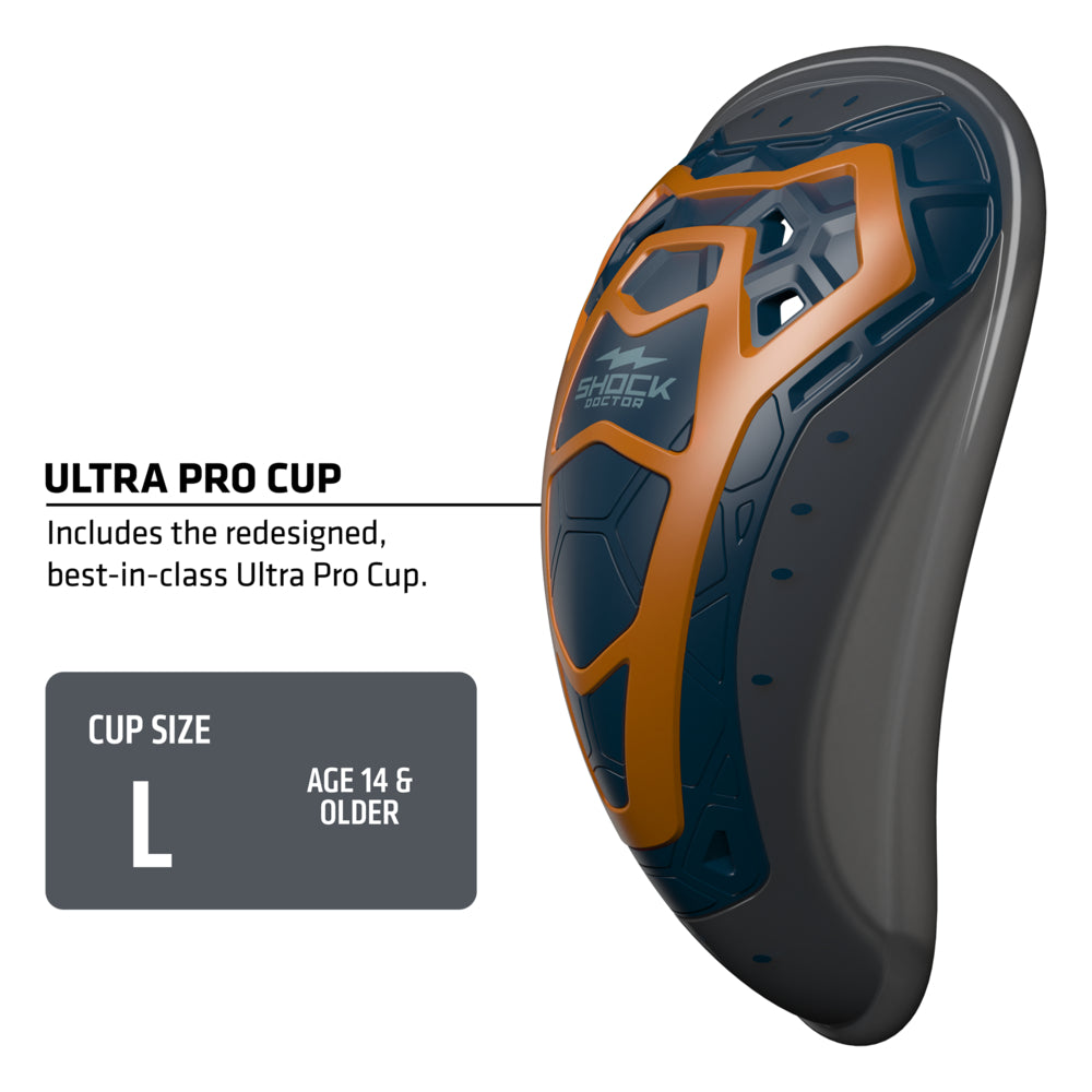 Shock Doctor Ultra Pro Cup close-up showing redesigned navy and orange impact shield, size Large for ages 14 and older