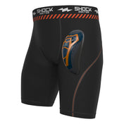 Shock Doctor Ultra Pro Compression Short with Ultra 2.0 Cup, black with orange stitching, showing front cup pocket and athletic cup detail