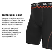 Shock Doctor Ultra Pro Compression Short detail showing branded micro-knit waistband, moisture-wicking fabric, and 4-way stretch construction with Ultra Cup Retention System